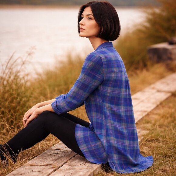 Anthropologie Holding Horses Halfpenny Plaid Tunic Hi-Low Boho Top M Blue - Picture 2 of 15